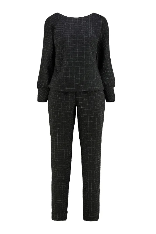 women's jumpsuits for sustainable fashionLITTORELLA BLACK PLAID WOOL SEERSUCKER JUMPSUIT