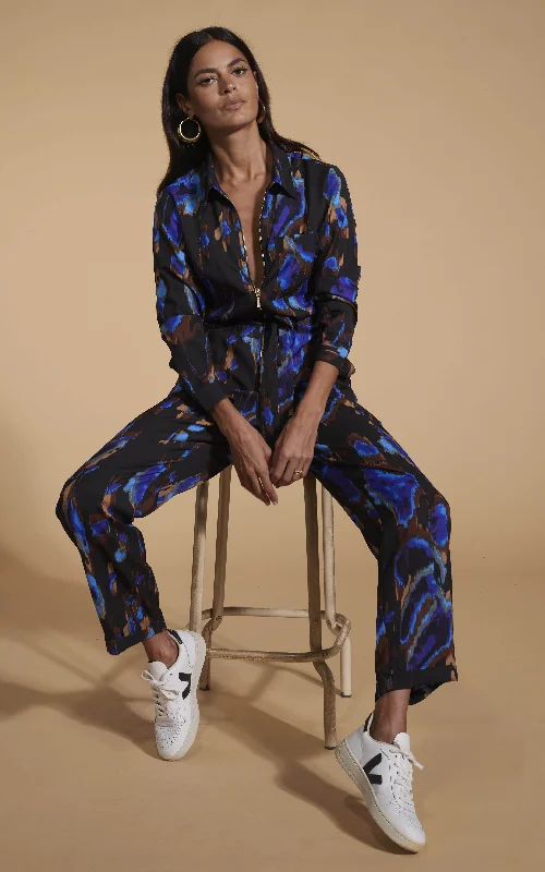 women's jumpsuits with off-the-shoulder sleevesRoxanna Zip Jumpsuit In Camo Abstract Blue On Black