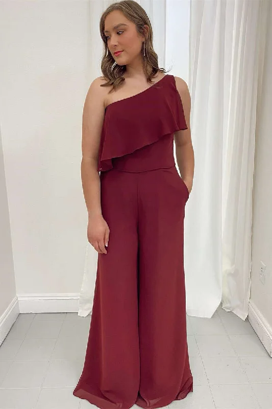 women's loose-fit jumpsuitsRuffles Burgundy Chiffon One-Shoulder Wide-Leg Jumpsuit