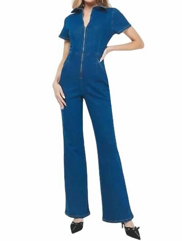 women's boho jumpsuitsShort Sleeve Denim Jumpsuit In Blue