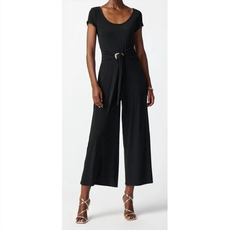 women's jumpsuits with self-ties at the waistSilky Knit Culotte-Let Jumpsuit In Black