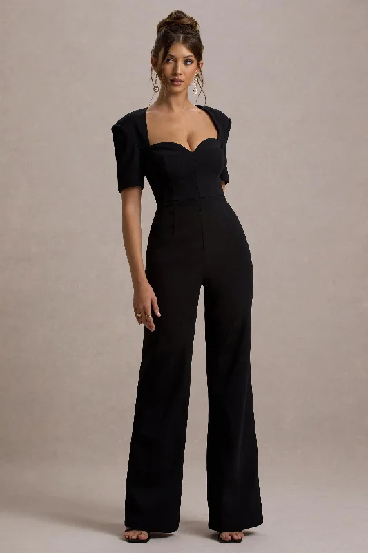 women's jumpsuits for hourglass figuresSimone | Black Sweetheart Short-Sleeve Wide-Leg Jumpsuit