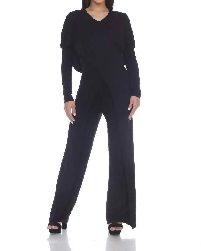 women's jumpsuits with short sleevesSunny Slenderizing Winged Jumpsuit In Black