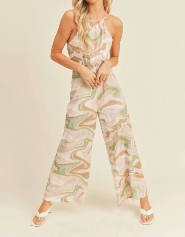 women's jumpsuits with flutter sleevesSwirl Print Cut Out Jumpsuit In Strawberry Swirl