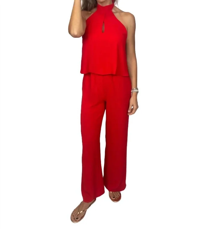 women's jumpsuits for hourglass figuresTeardrop Keyhole Halter Jumpsuit In Red