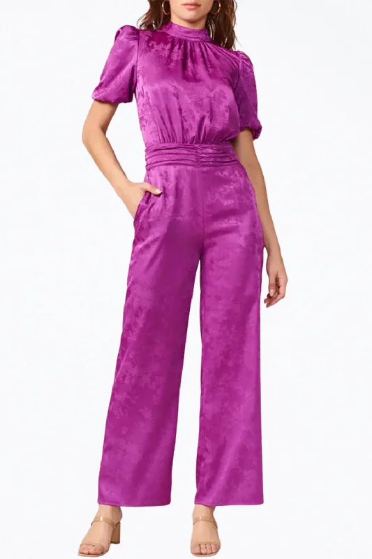 women's jumpsuits made of satinTheo Open-Back Sateen Jacquard Jumpsuit In Purple