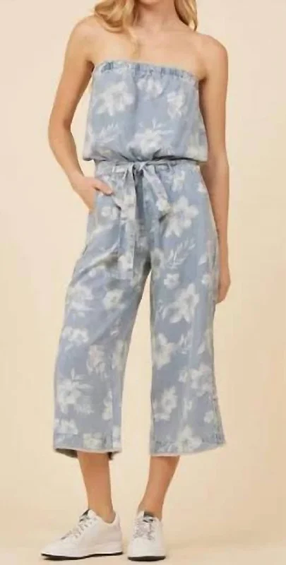 women's jumpsuits with round necksTropical Print Washed Jumpsuit In Blue