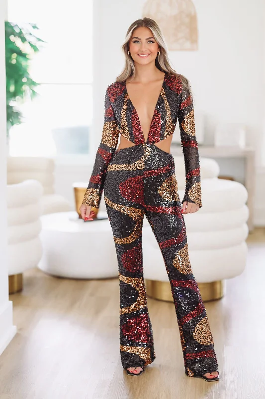 women's jumpsuits with metallic finishesVegas Swirl Sequin Jumpsuit - Black Multi