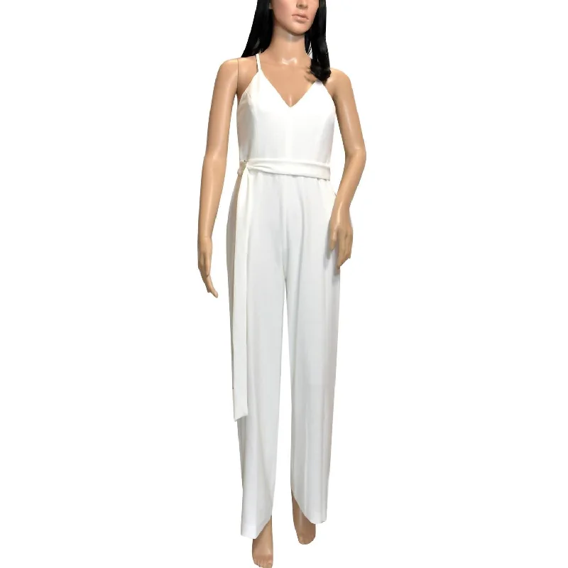 women's jumpsuits for date nightsWomen Back Lace Belted V-Neck Jumpsuit In White