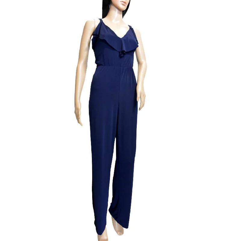 women's jumpsuits for business meetingsWomen Ruffle Trim V-Neck Sleeveless Jumpsuit In Navy Blue